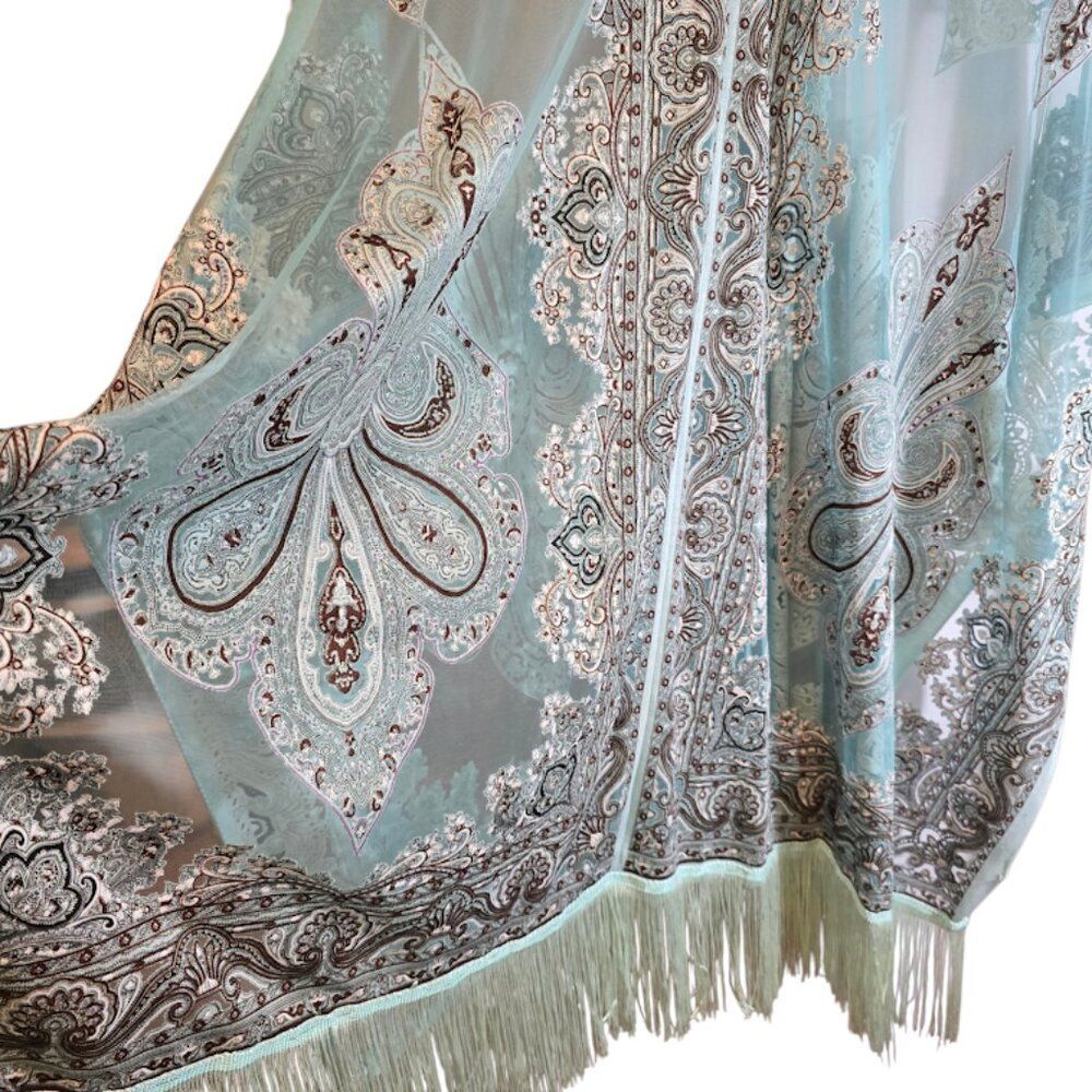 KIMONO SHEER ONE SIZE PAISLEY PRINT TEAL BROWN BURNOUT PATTER FRINGE - Picture 8 of 11